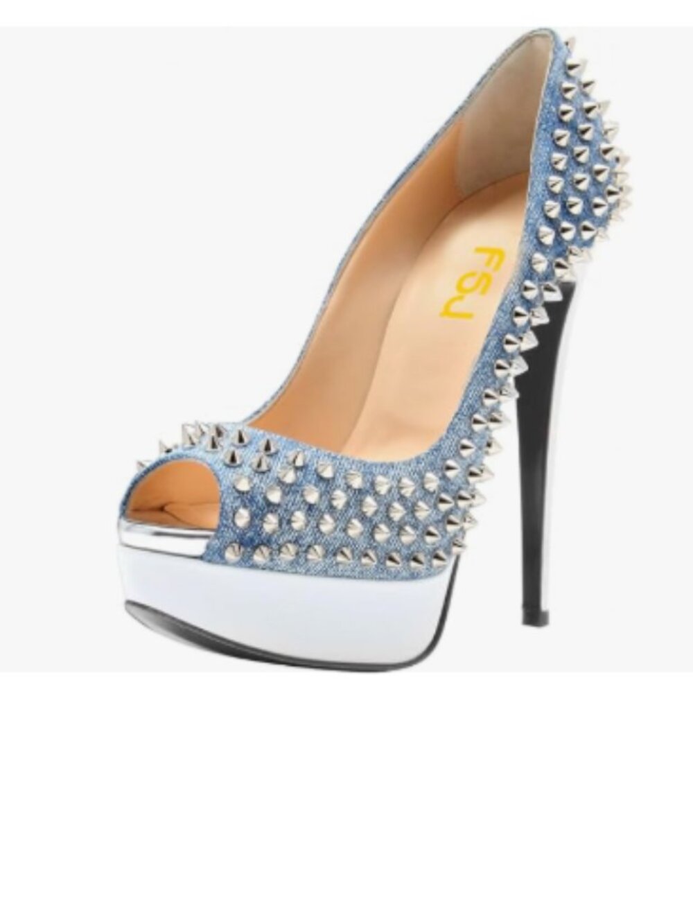 FSJ Blue Denim Rivets Platform Heel Peep Toe Pumps High Heel Slip On Shoes